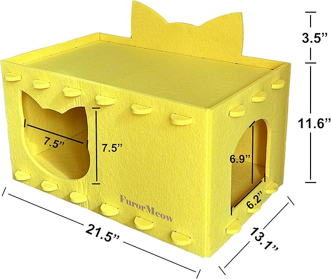 Cat House Cat Ear Design, Large Spacious Cozy Indoor Cat Bed Cave, Scratch Resistant Strong Thick Premium Felt Condo, Fun Hideaway for Multiple Cats, 21.5x13x11.6 inches (Bright Yellow)