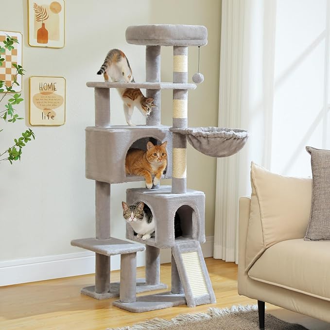 PAWZ Road Cat Tree, 51.6 Inches Cat Tower with Dual Condos, Spacious Perch, Cozy Basket and Sisal-Covered Scratching Posts for Small Cats and Kittens- Gray