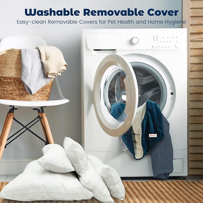 Miguel Medium Small Dog Bed with Washable Removable Cover - Rectangle Pet Bed for Indoor Cats with Bolster Soft Cuddle Bed for Puppies with Supportive Side Wall Slip-Resistant Bottom, Blue 25 Inches