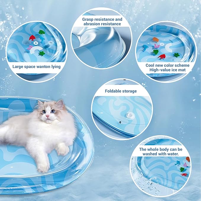 DHorse Pet Water Bed,Thickened Sensory Water Playmat for Dogs Cats with Fish Toys,Cooling Mat,Puncture Proof Cooling Mat,Washable Inflatable Playmat,Summer Indoor Interactive Pet Toys (Blue B,Medium)