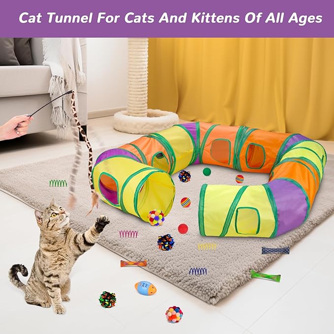 Retro Shaw Cat Tunnels with Cat Toys Pack, Interactive Kitten Toys for Indoor Cats Kitty, Kitten Tube Tent Feather Wand Teaser Bell Fuzzy Ball Springs Mouse (25 Pcs Extra Large Cat Tunnel Toys Set)