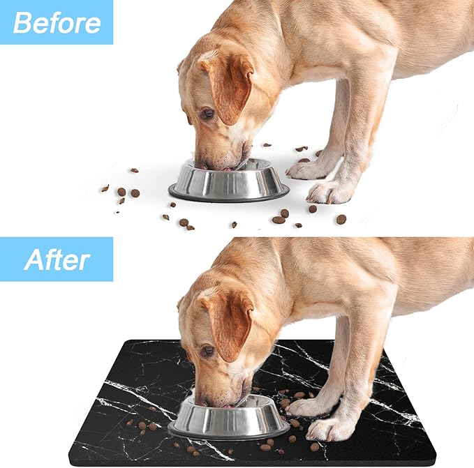 Rnivvi Dog Food Mat, 12" x 19" Marble Absorbent Dog Cat Bowl Mat for Food and Water, Cute Anti-Slip Rubber Pet Feeding Rug Protect Floors, Puppy Placemat for Feeding & Watering Supplies, Black
