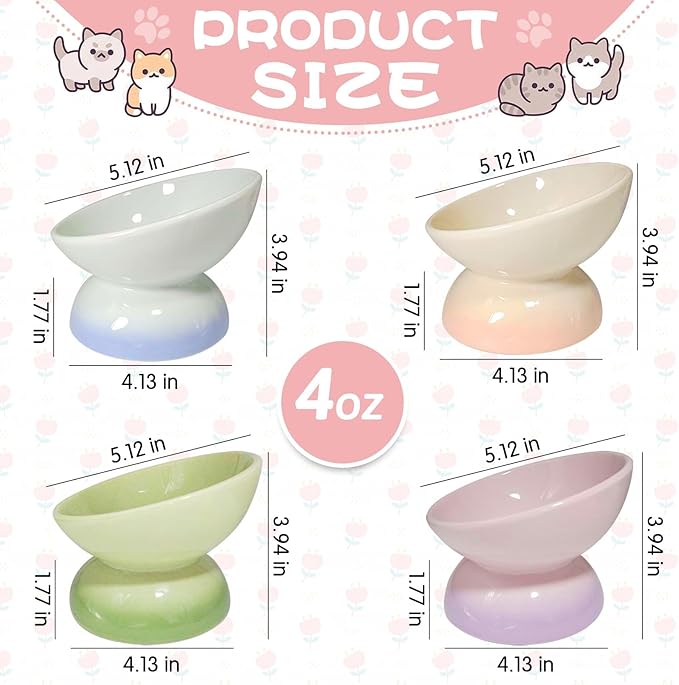kathson 4 Pcs Ceramic Raised Cat Bowls, Elevated Tilted Cat Food Bowl, Anti Vomiting Pet Food Bowl, Colorful Porcelain Pet Feeder Dish for Cats and Small Dogs,Stress Free, Whisker Fatigue