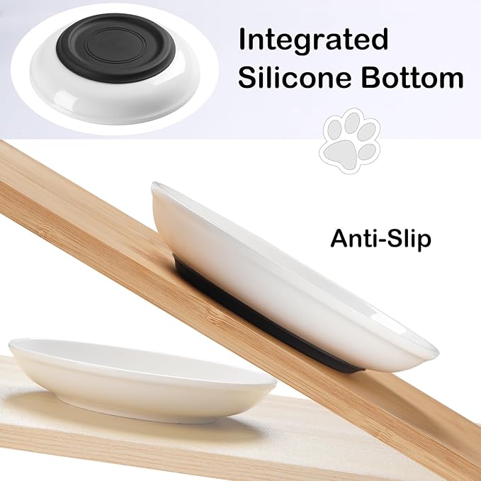 5.9 inch Ceramic Cat Bowls,Wide&Shallow Dishes,Whisker-Friendly Plates with Non-Slip Silicone Bottom, Healthy Pet Feeding Bowls indoor-10oz,3pack