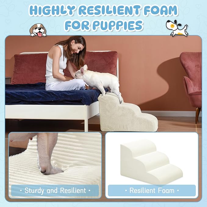 Dog Steps for Small Dogs, 3-Step Dog Ramp and Stairs for High Beds and Sofa, Non-Slip Pet Stairs for Small Cats, Removable and Easy to Clean Pet Stairs, Beige