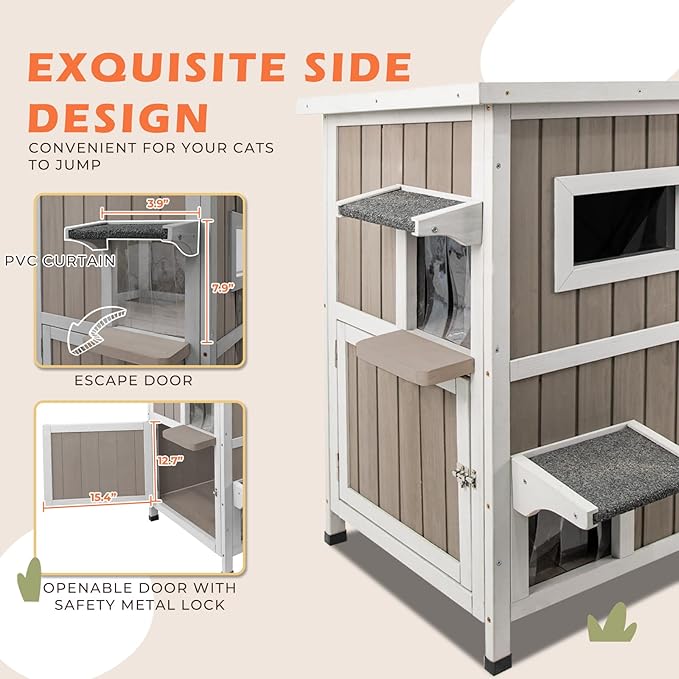 36.1" L Outdoor Cat House,2 Story Wooden Outdoor Cat Shelter with 3 Escape Doors,Weatherproof Fir Wood Feral Cat House with 2 Big Rest Room & Openable Asphalt Roof for 2-3 Cats