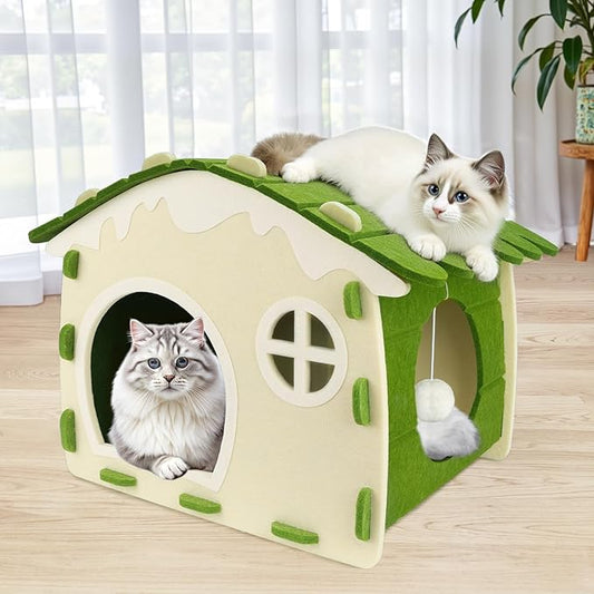 Babepets Cat House for Indoor Cats, Medium Felt Bed Cave with Ball Hanging, Foldable Detachable Cats Condo, Scratch Resistant Hideaway for Multiple Pets up to 20Lbs, House Cat Playhouse, Army Green