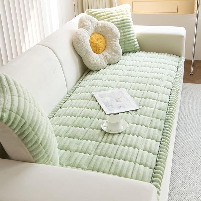 Faux Fur Plush Dog Couch Cover 3D Stripe Fuzzy Sofa Cover Non-Slip Fluffy Dog Bed Cover Pet Blanket Sofa Couch Furniture Protector for Puppy Large Dog Cat (Green,31"x82")