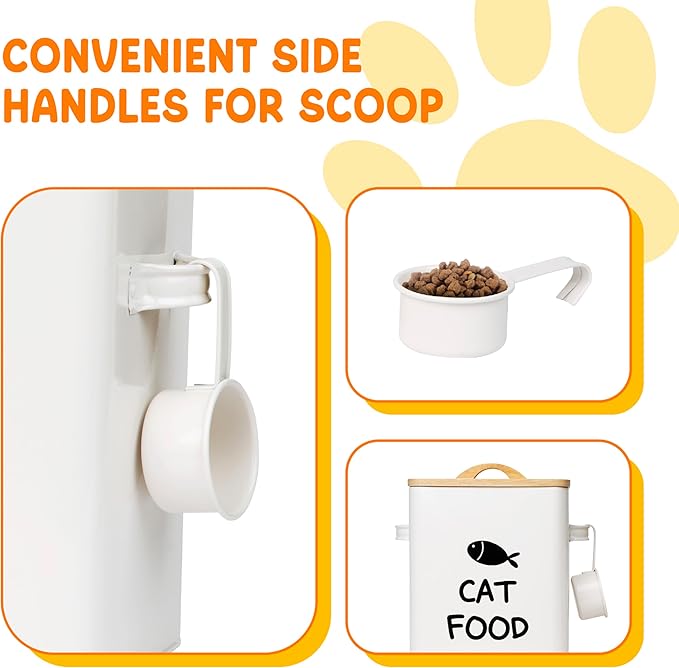 Calindiana Airtight Cat Food Storage Container with Bamboo Lid & Scoop – Farmhouse Cat Food Organizer, Gifts for Cat Lovers (Cream White)