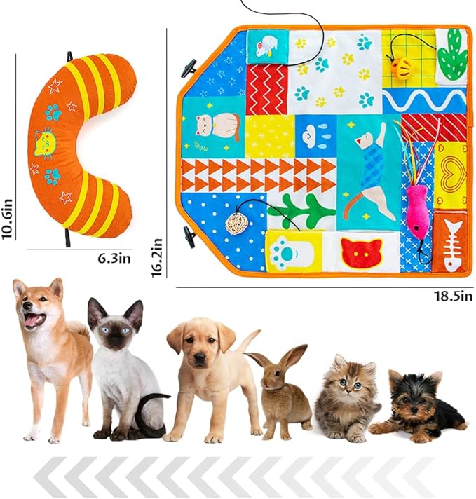 2-in-1 Cat Mat with Pillow for Small Medium Large Cats,Cute Cat Catnip Toys,Soft Plush Crinkle Toys for Kitten Sleeping Snuffing Playing,Machine Washable Pet Cushion Pad Mat Cat Gifts