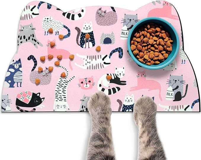 Cat Food Mats for Floor, Dog Water Bowl Mats Pet Feeding Absorbent Placemats for Food and Water Pink 17.7 * 9.8 inch