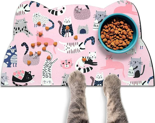 Cat Food Mats for Floor, Dog Water Bowl Mats Pet Feeding Absorbent Placemats for Food and Water Pink 17.7 * 9.8 inch