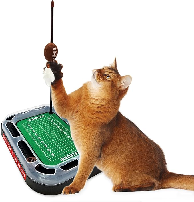 Pets First Cat Scratcher Toy + Interactive Ball Bell in Tracks - 5-in-1 Toy: Wand Poll + Catnip Filled Plush Football & Feathers