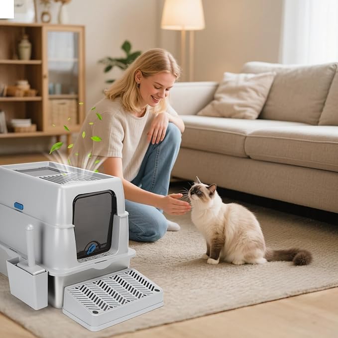 Nobleza Stainless Steel Cat Litter Box Extra Large Open-Top Enclosed Design Metal Litter Pan, Indoor Litter Tray, Non Stick, No Smell, Easy to Clean, Pet Toilet Supplies for Kitten, Kitty, Rabbit