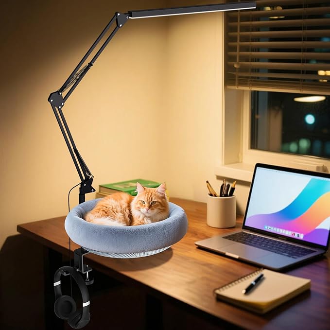 Cat Desk Bed with Desk Lamp - Cat Bed with 360 Rotation & Adjustable Height - Soft & Comfortable Hammock