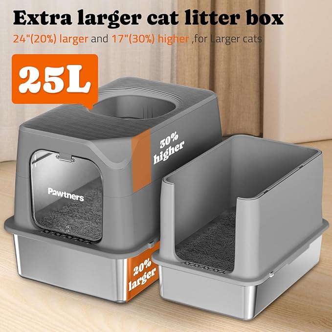 Pawtners Stainless Steel Cat Litter Box, XL Extra Large Kitty Litter Pan, Front Entry Top Exit Hooded Metal Cat Toilet for Odor Control with Removable Lid & Scoop, Anti-Leakage, Easy to Clean