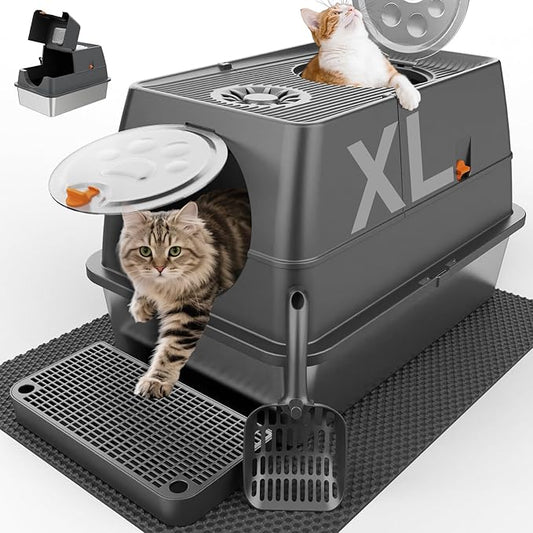 Stainless Steel Cat Litter Box with Lid XL Extra Large Kitty Litter Box Enclosed Top Entry Metal Litterbox for Big Cats Easy Cleaning Anti-Leakage & High Sided with Mat Aisle & Scoop (Dark Grey)