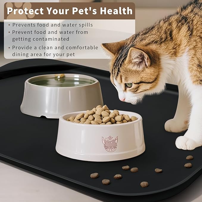 Silicone Pet Feeding Mat with Raised Edge & Residue Collection Pocket for Food and Water, Dog Bowl Mats, Cat Bowls Placemat with High Lip for Floor Waterproof, 19 x 12 x 0.7 Black