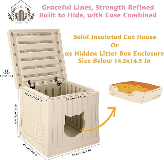 Heavy Duty Cat House Waterproof, Hidden Cat Litter Box Enclosure with Flip Lid for Easy Cleaning, Extra Thick Insulated Cat House Outdoor, Winter Feral Cat Shelter Weatherproof, Oakmilk