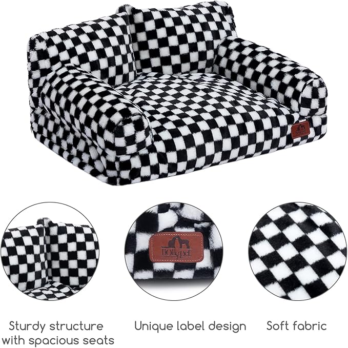 Hollypet Fluffy Plush Dog Cat Pet Couch Soft Calming Sofa Bed for Medium Small Cats and Dogs, Black and White