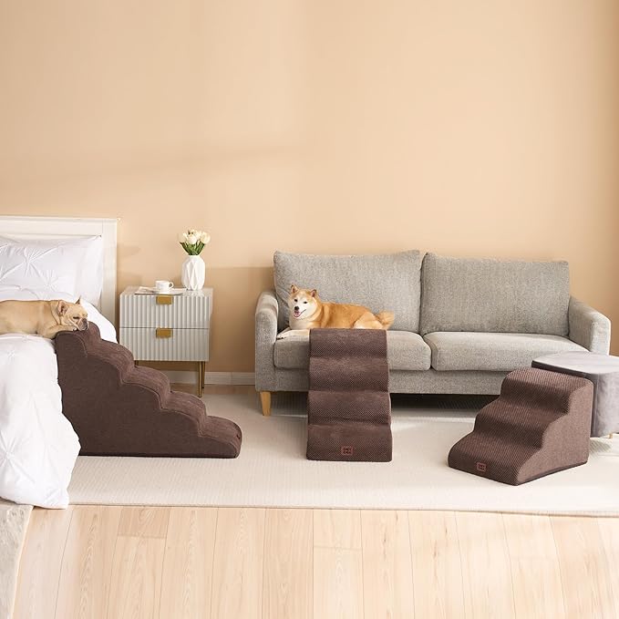 EHEYCIGA Curved Dog Stairs Ramp for Small Dogs 15.7" H, 3-Step Dog Steps for Couch Sofa and Chair, Pet Stairs for Cats, Non-Slip Balanced Pet Steps Indoor, Brown