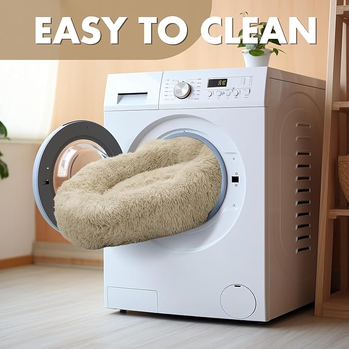 Athena Collection Washable Dog Bed Medium Size Dog, Cat Bed for Indoor Cats, 31 Inches Fluffy Faux Fur Round Pet Bed Calming Cozy Soft Warming Donut for Medium Puppy Kitten, Beige