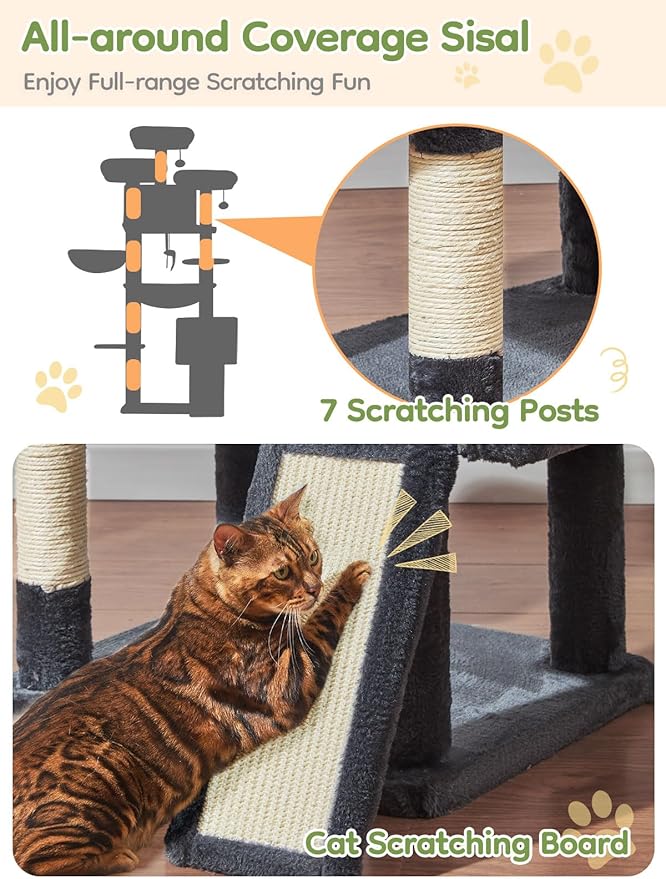 Taoqimiao 76-Inch Cat Tree with Scratching Posts,XXL Cat Tower for Large Cats with Cat Scratching Board,Extra-Large Metal Hammock,3 Perches, 2 Big Condos, Hanging Basket,MS047G,Smoke Gray