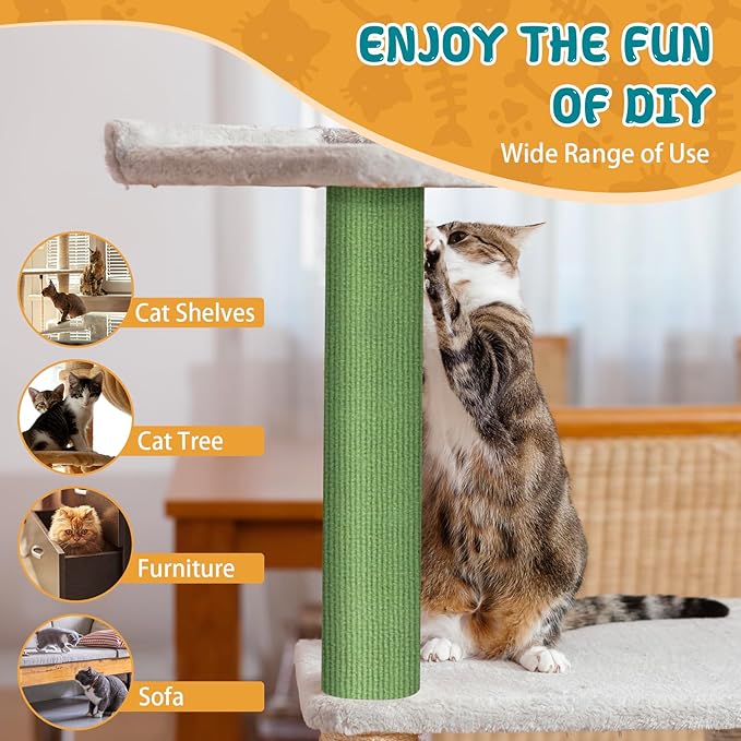 Climbing Cat Scratcher Mat Trimmable Cat Scratching Post Carpet 157.4’’x15.8’’ Self Adhesive Carpet Mat Pad Replacement for Cat Tree Shelves Post Couch Wall Furniture Steps DIY Protector (Green)