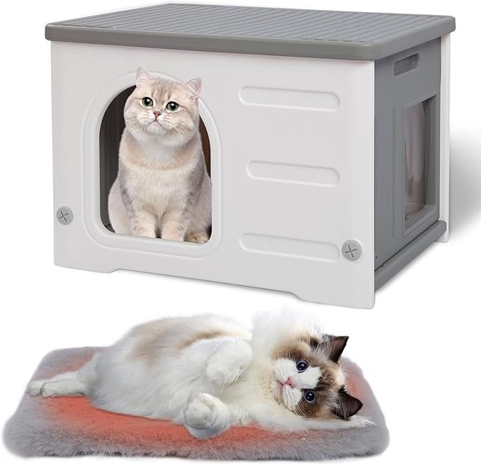 Hicaptain Cat Houses for Indoor Cats with Escape Door Plastic Outdoor Cat House Puppy Feral Cat Shelter for Small Medium Pets-Grey