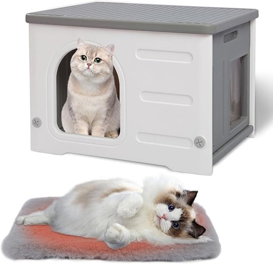 Hicaptain Cat Houses for Indoor Cats with Escape Door Plastic Outdoor Cat House Puppy Feral Cat Shelter for Small Medium Pets-Grey