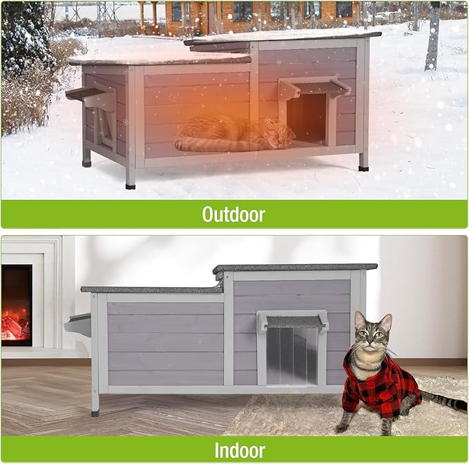 Outdoor Cat House Insulated Feral Kitty Shelter with Liner Weatherproof Cat Condo for Winter,Large Space