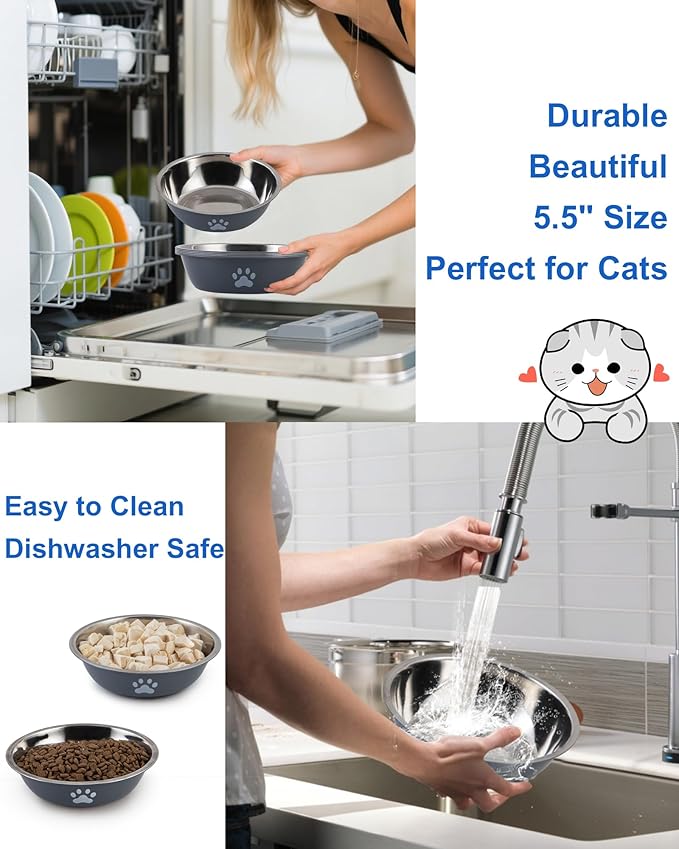 6 PCS Stainless Steel Cat Bowls, Non-Slip Stainless Cat Food Bowl Metal Cats Dishes Whisker Fatigue Kitten Plates Shallow Wide Kitten Bowls, 5.5” Whisker Friendly Food Dish (Grey 6 PCS)