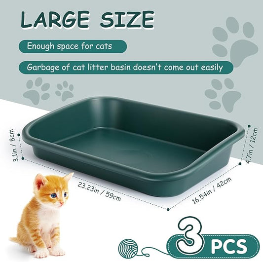 3 Pcs Large Cat Litter Box, Low Entry Senior Cat Litter Box Open Top Pet Litter Boxes Tray for Big Older Cats Kitten Sick Frail or Disabled Cat, 23.2" L x 16.5" W (Green)