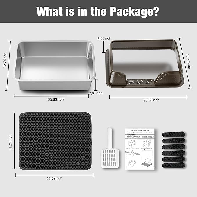 Suhaco Extra Large Stainless Steel Litter Box with Lid XXXL High Sided Cat Litter Boxes Included Litter Mat & Litter Scoop Anti-Urine Leakage Metal Pet Toilet for Big Cats (Black XXXL)