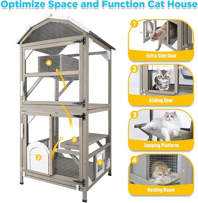 71'' Large Cat House Outdoor Catio Enclosures Indoor Kitten Cages with Attachable Window Resting Box,Waterproof Roof