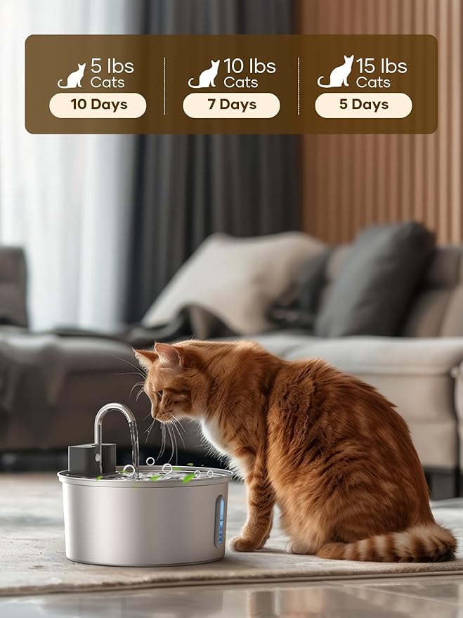 Wireless Cat Water Fountain - 108oz/3.2L Automatic Cat Water Fountain Cordless, Stainless Steel Battery Operated Pet Fountain Rechargeable Water Dispenser for Cats, Dogs, Multiple Pets