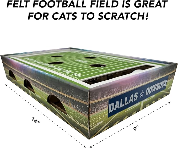NFL Dallas Cowboys Football Stadium Cat Scratcher Find & Play Box With 2 Jingle Bell Balls - Game Day Toy, Field Felt Scratcher, Play and Lounge Stimulating Game