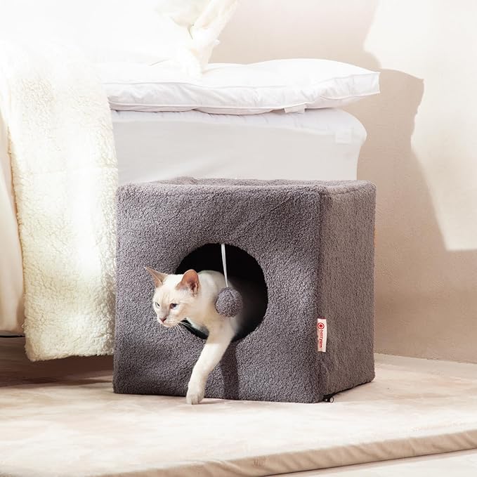 Cat House for Indoor Cats, Fluffy Large Cube Cat Cave Bed, Perfect Hideaway for Multiple Cats & Small Pets, Detachable Sherpa Cover 16 Inches