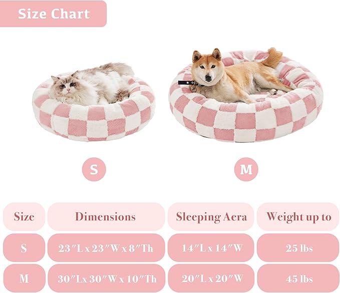 Checkered Dog Bed, Cute Girly Pink Retro Style Aesthetic Round Warming Pet Calming Beds for Small Dog and Cats, Plush Cozy Donut Dog Beds Washable, 30" L x 30" W x 8" Th
