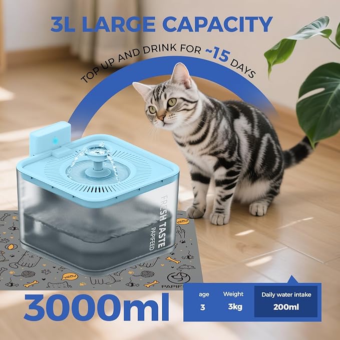 PAPIFEED Wireless Cat Water Fountain, 106oz/3L Battery Operated Pet Water Fountain Cordless for Cats Indoor, Automatic Cat Drinking Dispenser with Motion Sensor, Leak-Proof Silicone Pad Included Cyan