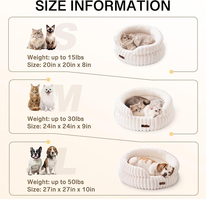 MEWOOFUN Cat Beds for Indoor Cats, Washable Dog Bed for Small Dogs, Round Pet Bed for Puppy and Kitten with Anti-Slip Bottom (Beige, 20"x20"x8")