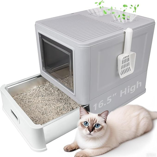 Enclosed Stainless Steel Cat Litter Boxes,Large Foldable Litter Box with Lid,Hooded Covered Stainless Steel Cat Litter Box,Easy Cleaning,No Urine Leakage,Deeper Pan