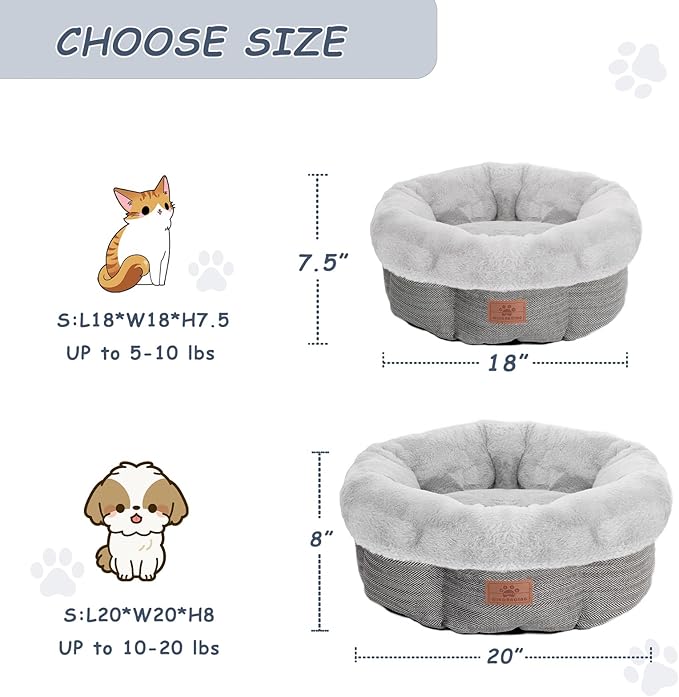 Cat Beds for Indoor Cats, Dog Bed for Small Dogs Breeds, Soft Kennel Bed, Comfy Durable Pet Sleeping Bed, Washable Roun Cat Bed & Non-Slip Bottom, Size 20" L x 20" W x 8" Th