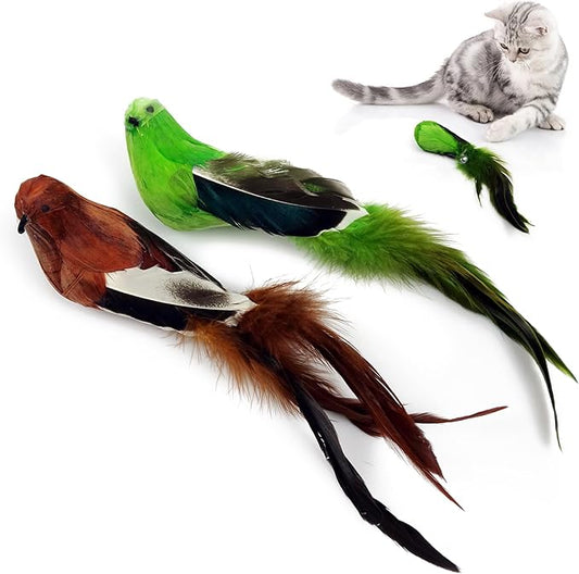 TTcat 2 Pcs Real Feather Cat Birds Toys Realistic Simulation Birds Toys with Bells for Indoor Cats Kittens.