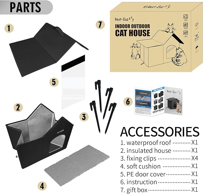 Rest-Eazzzy Cat House for Indoor and Outdoor in Summer,Feral Cat House Insulated with Mat,Clip and portable handle,Weatherproof and easy Installation,Bed for Kitten and Puppie,Never Blow Away(Black,M)