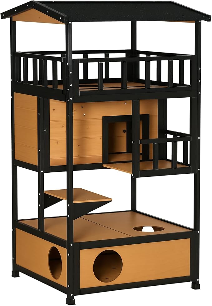 PawHut Wooden Outdoor Cat House, Feral Cat Shelter Kitten Condo with Asphalt Roof, Escape Doors, Condo, Jumping Platform, Yellow