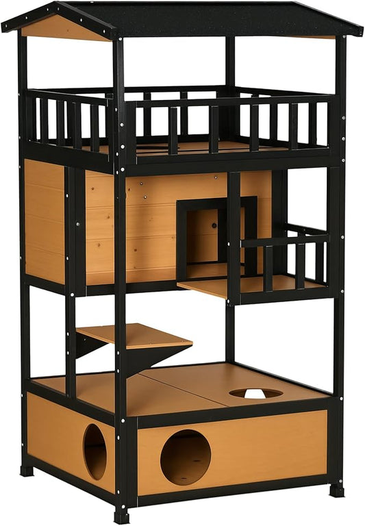 PawHut Wooden Outdoor Cat House, Feral Cat Shelter Kitten Condo with Asphalt Roof, Escape Doors, Condo, Jumping Platform, Yellow