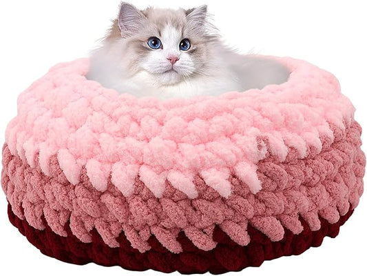 Ombre Gradient Round Cat Bed for Indoor Cats, Chunky Knit Washable & Plush Pet Bed, Cozy Nest with Non-Slip Bottom for Small Medium Cats