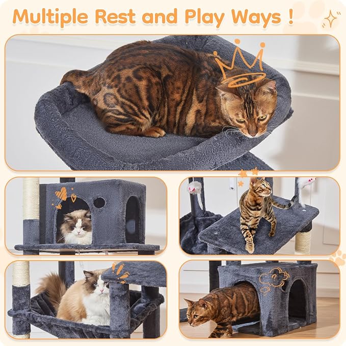 Taoqimiao Heavy Duty Cat Tree for Large Cats 20lbs+, 71 Inches Tall Cat Tower, 2 Cat Condo with 6 Scratching Posts, Super Large Hammcock, Cat Toys, Cozy Basket, Smoky Gray, MS037G