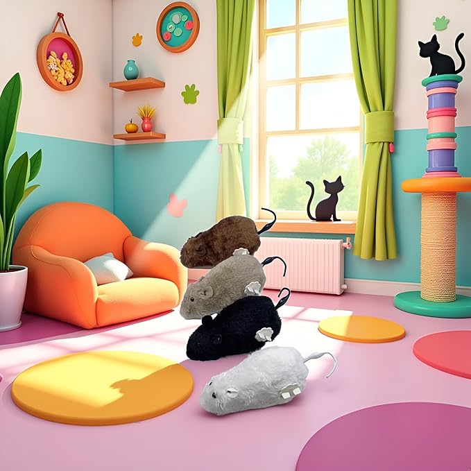 1Pc Random Color Furry Mice Cat Toy Wind Up Toys Realistic Mouse Funny Moving, Cat Mice and Animals Interactive Play Mouse for Kitten Cat and Animals Pet Supplies